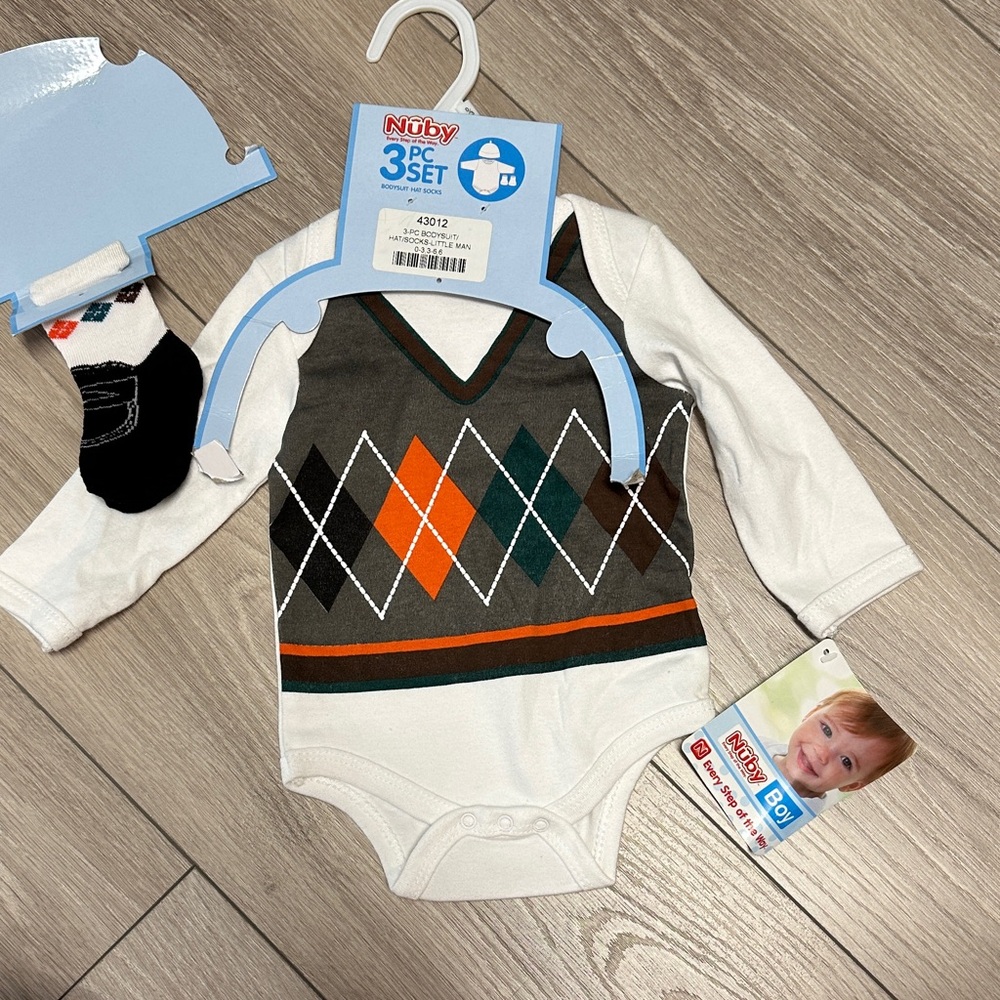 Nuby Argyle Long Sleeve Baby Bodysuit - White, Green, Orange